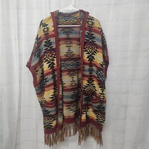 American Eagle Cardigan Poncho Hooded Fringed Knit Southwestern Boho L/XL